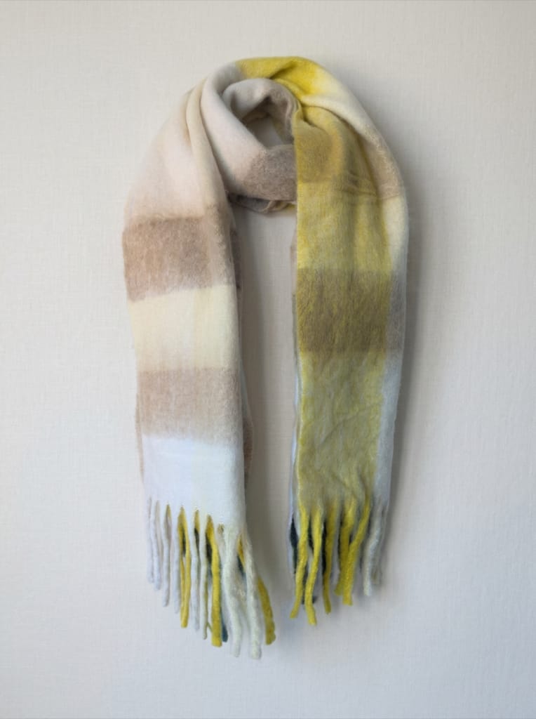 Écharpe chaude longues franges couleurs jaune beige camel très tendance - 40x200cm